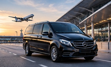 Van Mercedes noir devant un terminal d'aéroport parisien
