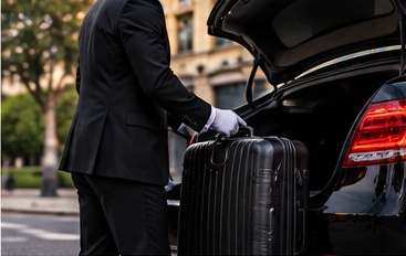 Chauffeur chargeant des valises dans le coffre d'un van