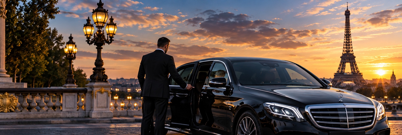 Chauffeur SAM VTC ouvrant la portière d'une berline noire devant la Tour Eiffel